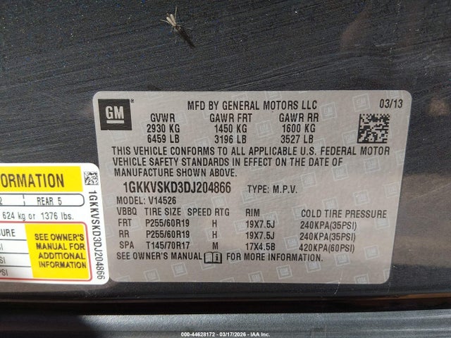 44628172 :رقم المزاد ، 1GKKVSKD3DJ204866 vin ، 2013 Gmc Acadia Slt-2 مزاد بيع