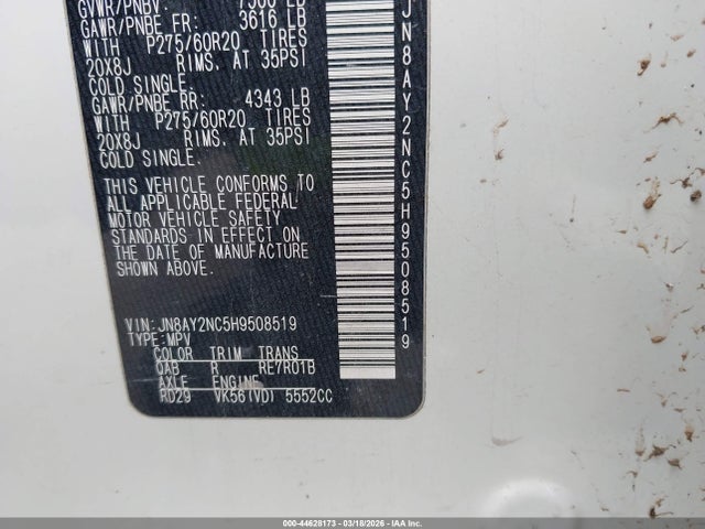 2017 Nissan Armada Platinum მანქანა იყიდება აუქციონზე, vin: JN8AY2NC5H9508519, აუქციონის ნომერი: 44628173