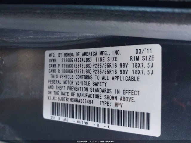 44628177 :رقم المزاد ، 5J8TB1H58BA006494 vin ، 2011 Acura Rdx مزاد بيع
