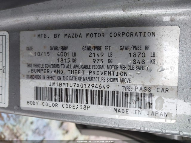 2016 Mazda Mazda3 I Sport მანქანა იყიდება აუქციონზე, vin: JM1BM1U7XG1294649, აუქციონის ნომერი: 44628182