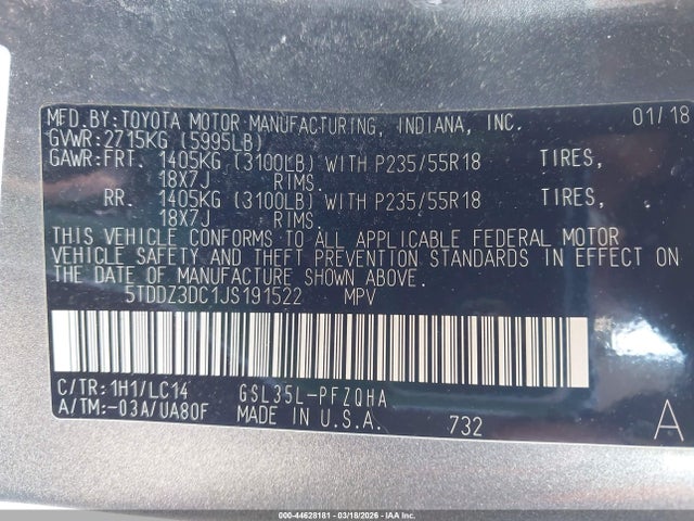5TDDZ3DC1JS191522 Toyota Sienna Xle 7 Passenger