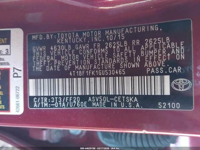 44628196 :رقم المزاد ، 4T1BF1FK1GU530465 vin ، 2016 Toyota Camry Se مزاد بيع