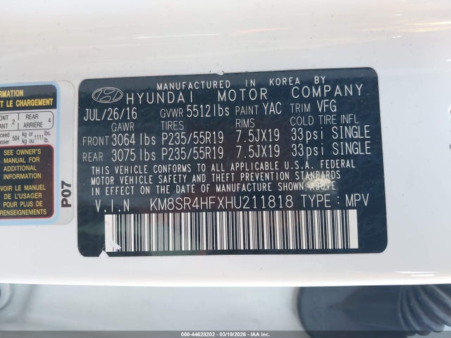 Aukcja sprzedaży 2017 Hyundai Santa Fe Limited Ultimate, vin: KM8SR4HFXHU211818, numer aukcji: 44628202