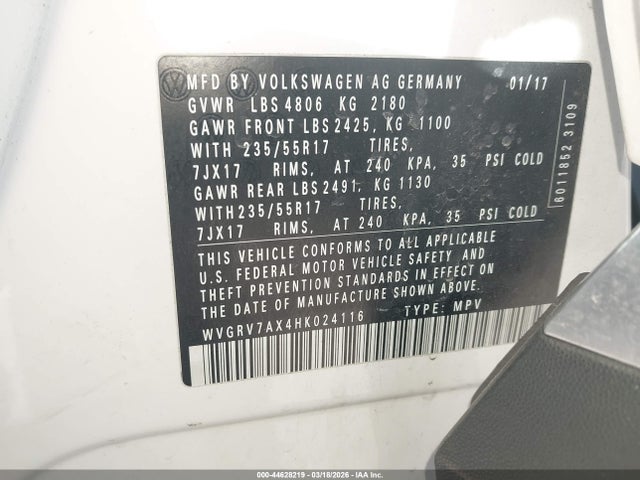 44628219 :رقم المزاد ، WVGRV7AX4HK024116 vin ، 2017 Volkswagen Tiguan 2.0t Wolfsburg Edition مزاد بيع