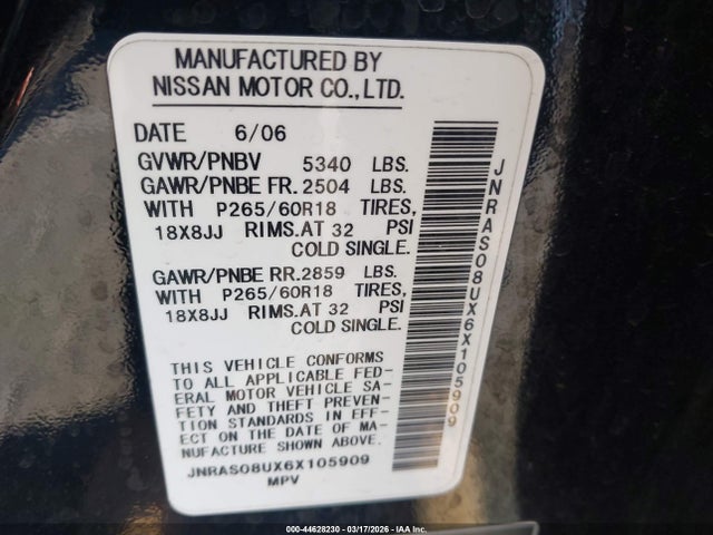 Продажа на аукционе авто 2006 Infiniti Fx35, vin: JNRAS08UX6X105909, номер лота: 44628230