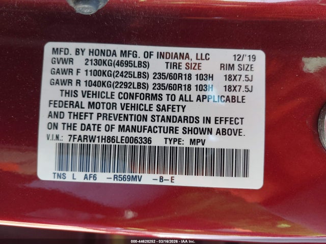 7FARW1H86LE006336 Honda Cr-v 2wd Ex-l