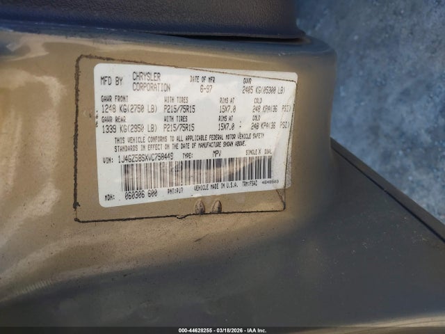 44628255 :رقم المزاد ، 1J4GZ58SXVC758449 vin ، 1997 Jeep Grand Cherokee Laredo/tsi مزاد بيع