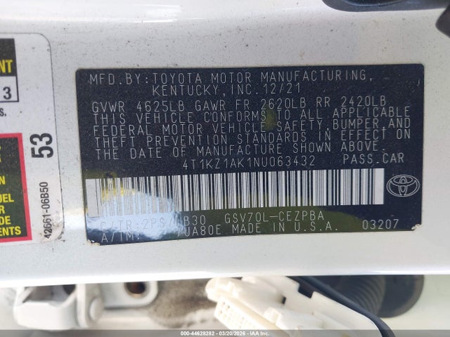 2022 Toyota Camry Xse V6 მანქანა იყიდება აუქციონზე, vin: 4T1KZ1AK1NU063432, აუქციონის ნომერი: 44628282