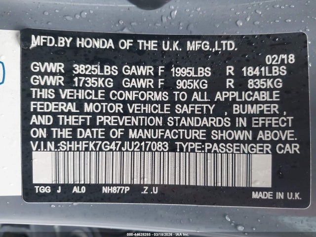 SHHFK7G47JU217083 Honda Civic Sport