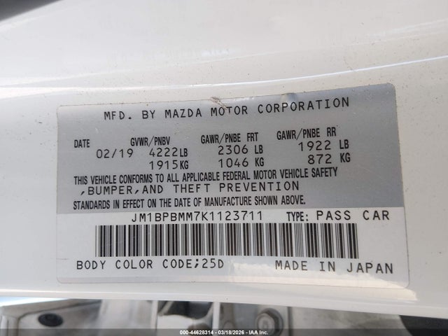 44628314 :رقم المزاد ، JM1BPBMM7K1123711 vin ، 2019 Mazda Mazda3 Preferred Package مزاد بيع