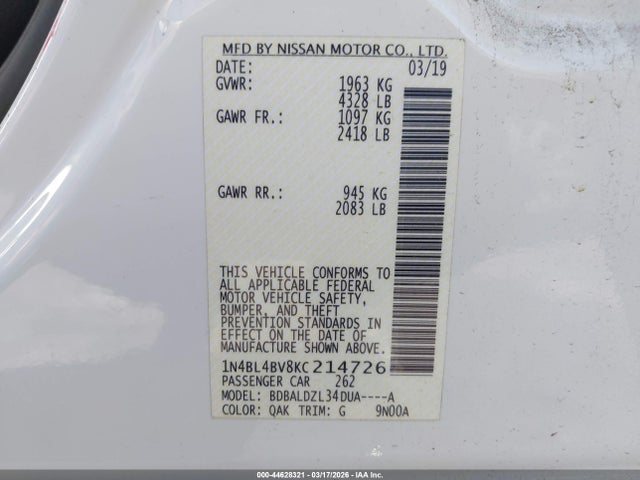 1N4BL4BV8KC214726 Nissan Altima 2.5 S