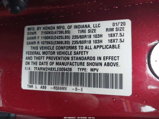 Honda Cr-v Awd Ex-l 2020 7FARW2H8XLE009438 Image 9