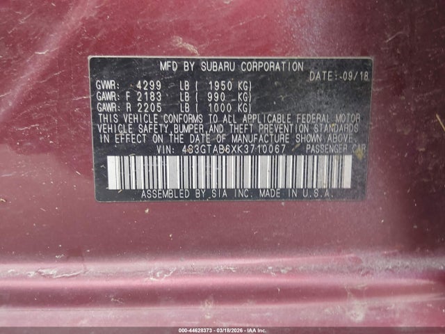 2019 Subaru Impreza 2.0i მანქანა იყიდება აუქციონზე, vin: 4S3GTAB6XK3710067, აუქციონის ნომერი: 44628373