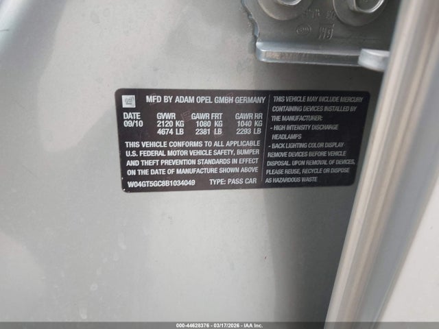 2011 Buick Regal Cxl Russelsheim მანქანა იყიდება აუქციონზე, vin: W04GT5GC8B1034049, აუქციონის ნომერი: 44628376