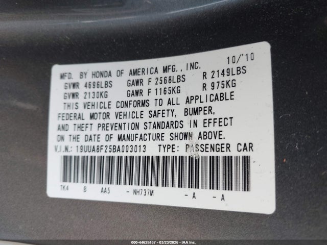 44628437 :رقم المزاد ، 19UUA8F25BA003013 vin ، 2011 Acura Tl 3.5 مزاد بيع