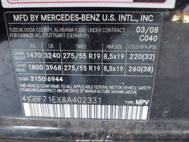 44628461 :رقم المزاد ، 4JGBF71EX8A402331 vin ، 2008 Mercedes-benz Gl 450 4matic مزاد بيع
