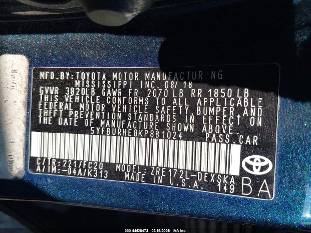 Toyota COROLLA SE 2019 5YFBURHE8KP881024 Image 9