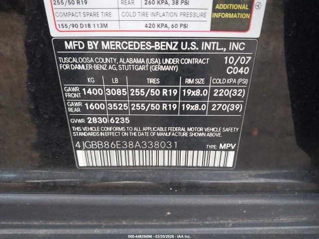 Aukcja sprzedaży 2008 Mercedes-benz Ml 350 4matic, vin: 4JGBB86E38A338031, numer aukcji: 44628496