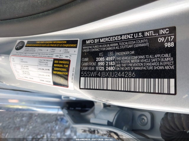 44628518 :رقم المزاد ، 55SWF4JBXJU244286 vin ، 2018 Mercedes-benz C 300 مزاد بيع