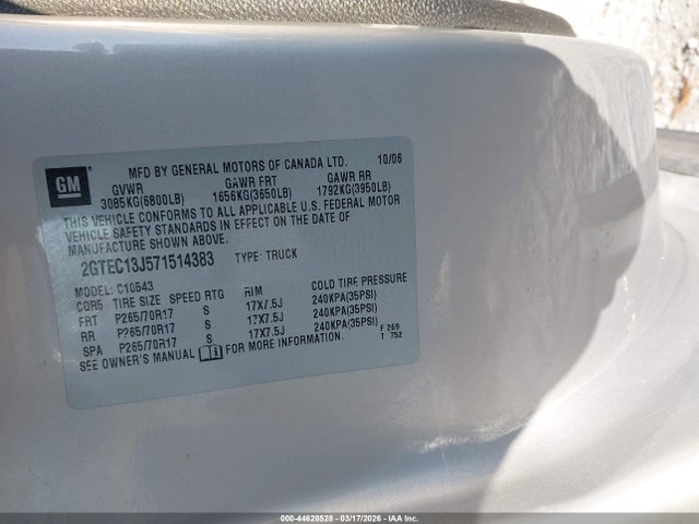 Aukcja sprzedaży 2007 Gmc Sierra 1500 Sle2, vin: 2GTEC13J571514383, numer aukcji: 44628528