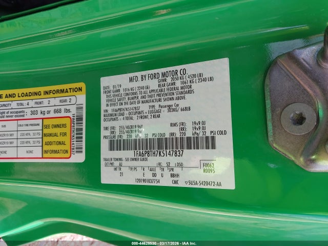 44628530 :رقم المزاد ، 1FA6P8TH7K5147837 vin ، 2019 Ford Mustang Ecoboost مزاد بيع