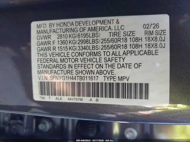 5FNYG1H44TB011617 Honda Pilot Ex-l