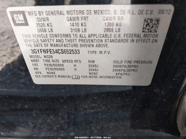 44628531 :رقم المزاد ، 3GYFNFE34CS652533 vin ، 2012 Cadillac Srx Premium Collection مزاد بيع