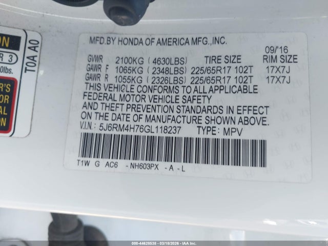 Honda Cr-v Ex-l 2016 5J6RM4H76GL118237 Image 9