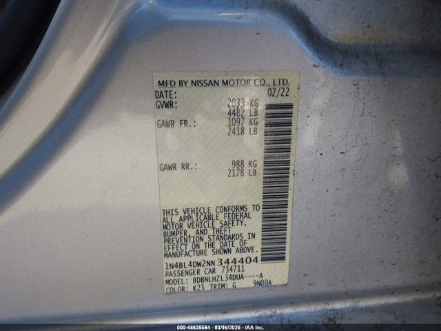 2022 Nissan Altima Sv Intelligent Awd მანქანა იყიდება აუქციონზე, vin: 1N4BL4DW2NN344404, აუქციონის ნომერი: 44628544