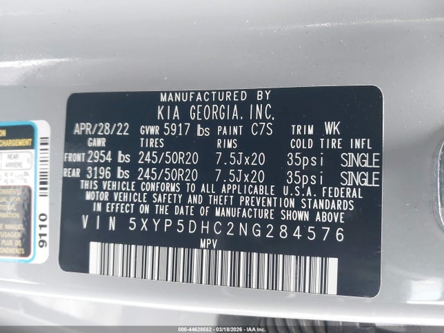 2022 Kia Telluride Sx მანქანა იყიდება აუქციონზე, vin: 5XYP5DHC2NG284576, აუქციონის ნომერი: 44628552