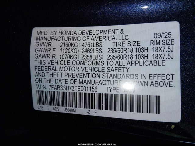 44628591 :رقم المزاد ، 7FARS3H73TE001156 vin ، 2026 Honda Cr-v Ex-l 2wd مزاد بيع