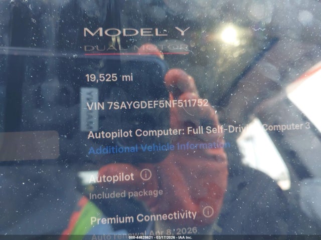 2022 Tesla Model Y Performance Dual Motor All-wheel Drive მანქანა იყიდება აუქციონზე, vin: 7SAYGDEF5NF511752, აუქციონის ნომერი: 44628621