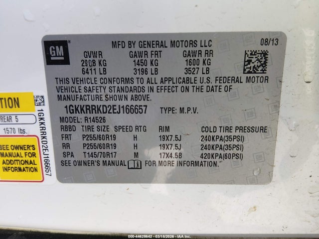 44628642 :رقم المزاد ، 1GKKRRKD2EJ166657 vin ، 2014 Gmc Acadia Slt-1 مزاد بيع