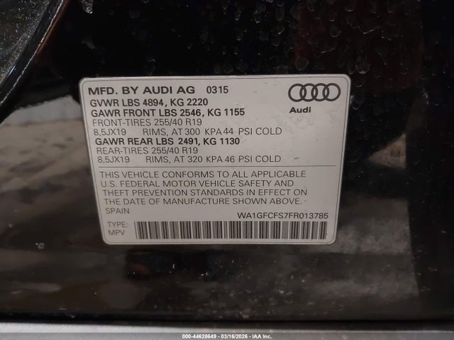 Продаж на аукціоні авто 2015 Audi Q3 2.0t Premium Plus, vin: WA1GFCFS7FR013785, номер лоту: 44628649