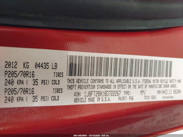 44628661 :رقم المزاد ، 1J8FT28018D722267 vin ، 2008 Jeep Patriot Sport مزاد بيع
