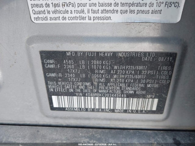 Продаж на аукціоні авто 2011 Subaru Outback 2.5i Limited, vin: 4S4BRBKC2B3445449, номер лоту: 44628699