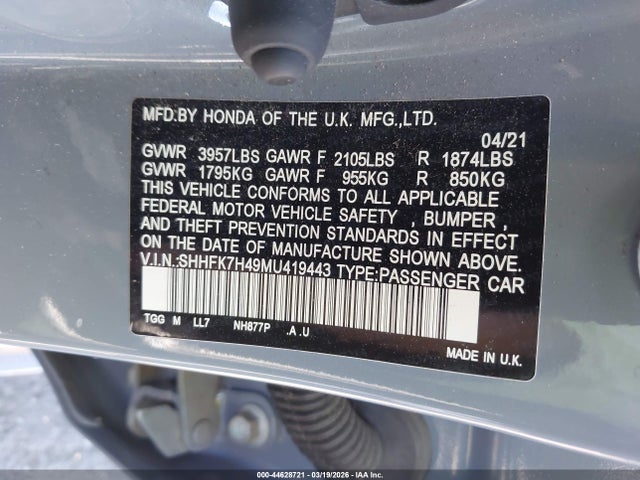 SHHFK7H49MU419443 Honda Civic Sport