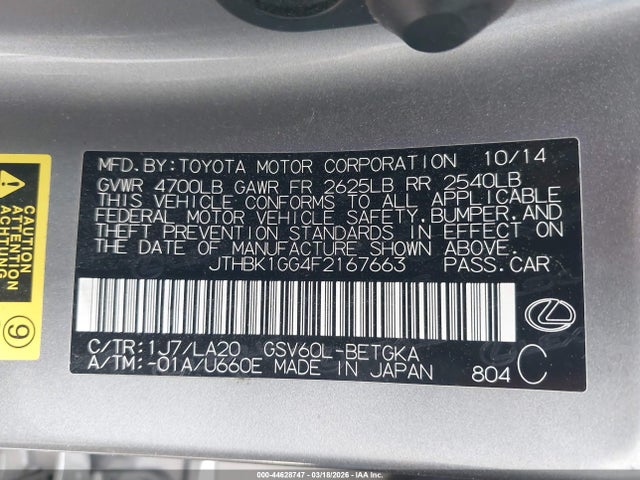 Aukcja sprzedaży 2015 Lexus Es 350, vin: JTHBK1GG4F2167663, numer aukcji: 44628747