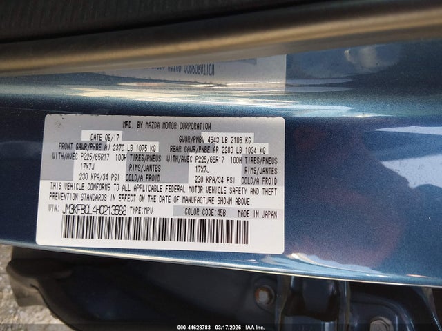 44628783 :رقم المزاد ، JM3KFBCL4H0213688 vin ، 2017 Mazda Cx-5 Touring مزاد بيع