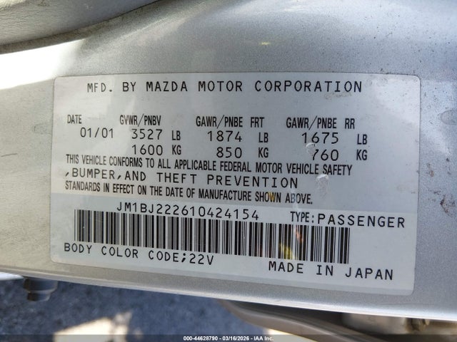Aukcja sprzedaży 2001 Mazda Protege Dx/lx, vin: JM1BJ222610424154, numer aukcji: 44628790