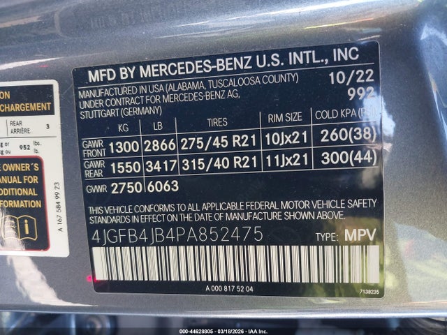 Aukcja sprzedaży 2023 Mercedes-benz Gle 350, vin: 4JGFB4JB4PA852475, numer aukcji: 44628805