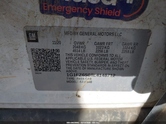 44628862 :رقم المزاد ، 1G1FZ6S08L4148712 vin ، 2020 Chevrolet Bolt Ev Fwd Premier مزاد بيع
