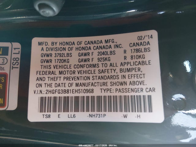 Продаж на аукціоні авто 2014 Honda Civic Ex, vin: 2HGFG3B81EH510968, номер лоту: 44628877