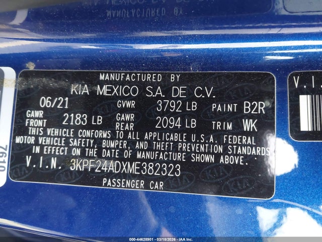 Продажа на аукционе авто 2021 Kia Forte Lxs, vin: 3KPF24ADXME382323, номер лота: 44628901
