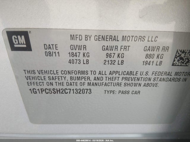 Aukcja sprzedaży 2012 Chevrolet Cruze Ls, vin: 1G1PC5SH2C7132073, numer aukcji: 44628914