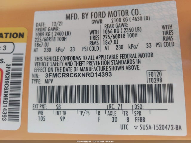 3FMCR9C6XNRD14393 Ford Bronco Sport Outer Banks