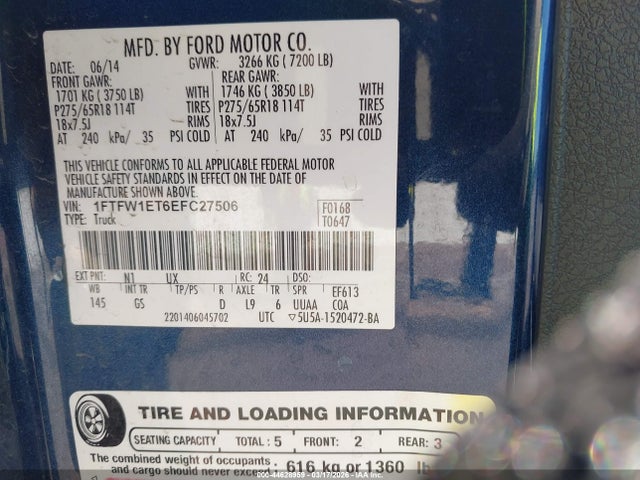 Продаж на аукціоні авто 2014 Ford F-150 Xlt, vin: 1FTFW1ET6EFC27506, номер лоту: 44628959