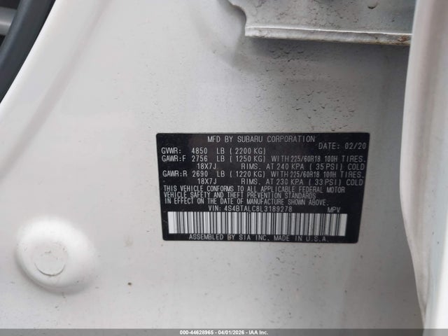 Aukcja sprzedaży 2020 Subaru Outback Limited, vin: 4S4BTALC8L3189278, numer aukcji: 44628965