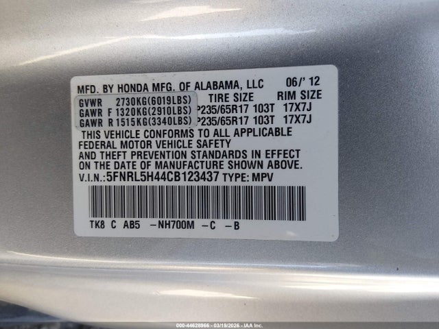 Aukcja sprzedaży 2012 Honda Odyssey Ex, vin: 5FNRL5H44CB123437, numer aukcji: 44628966