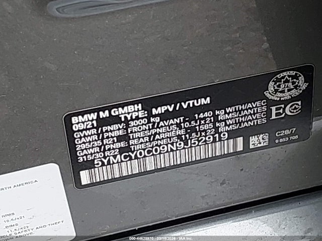 44628970 :رقم المزاد ، 5YMCY0C09N9J52919 vin ، 2022 Bmw X6 M مزاد بيع